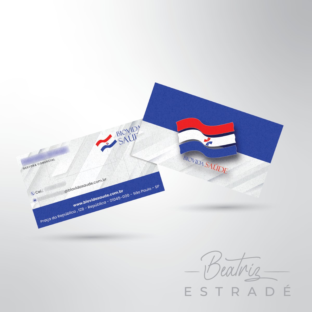 Mockup do cartão de visita Biovida Saúde, frente e verso, com dados pessoais borrados