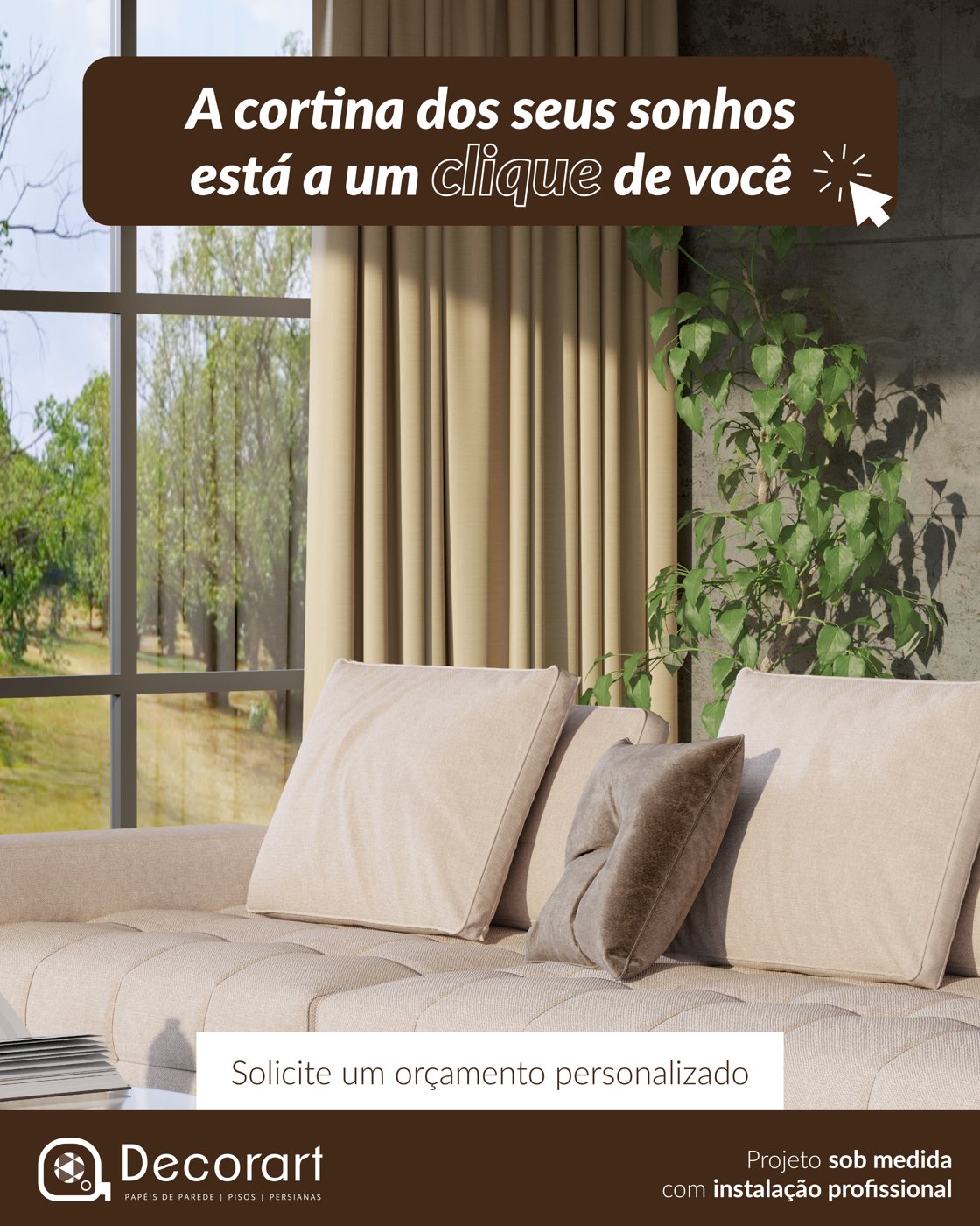 Anúncio Decorart: sala com cortina bege e sofá claro
