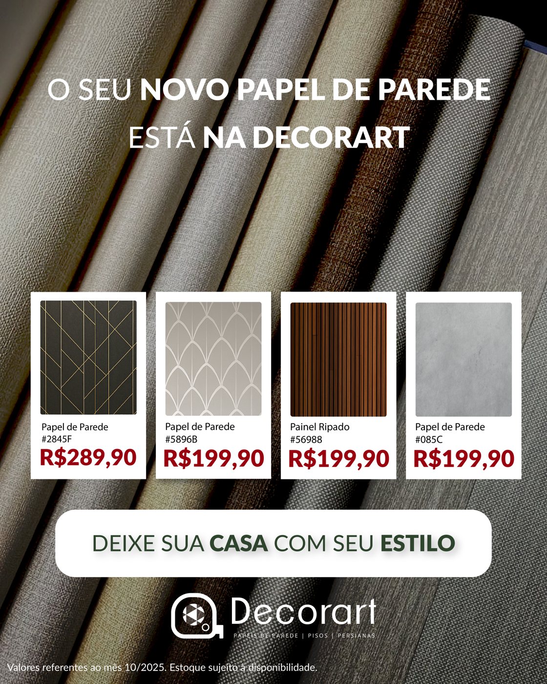 Post Decorart: vitrine com quatro modelos de papel de parede e painel ripado, com códigos e preços