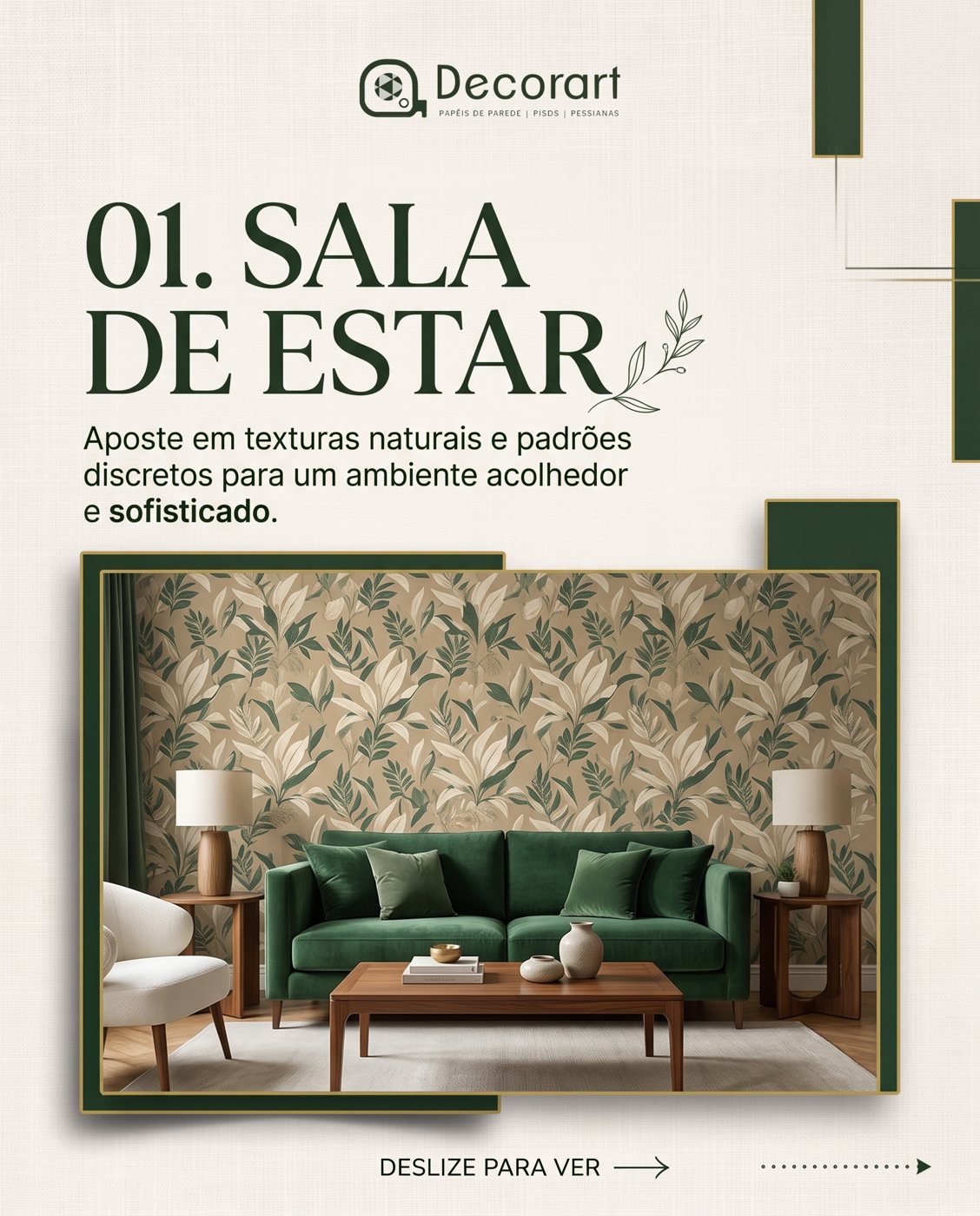 Post carrossel Decorart 01: sala de estar com papel de parede de folhas