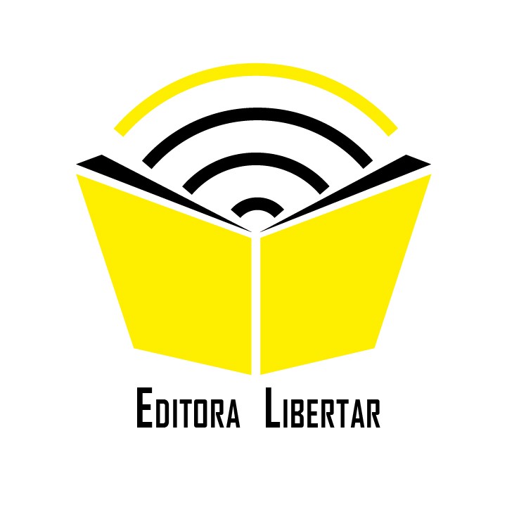 Logotipo da Editora Libertar: livro aberto amarelo com ondas
