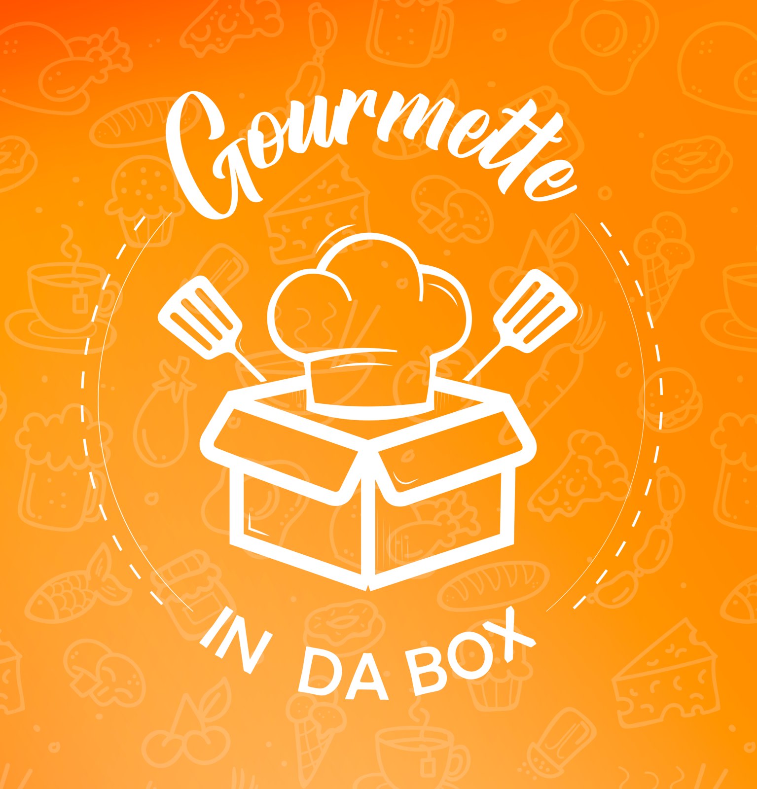 Logotipo Gourmette in da Box em branco sobre laranja com ícones de comida