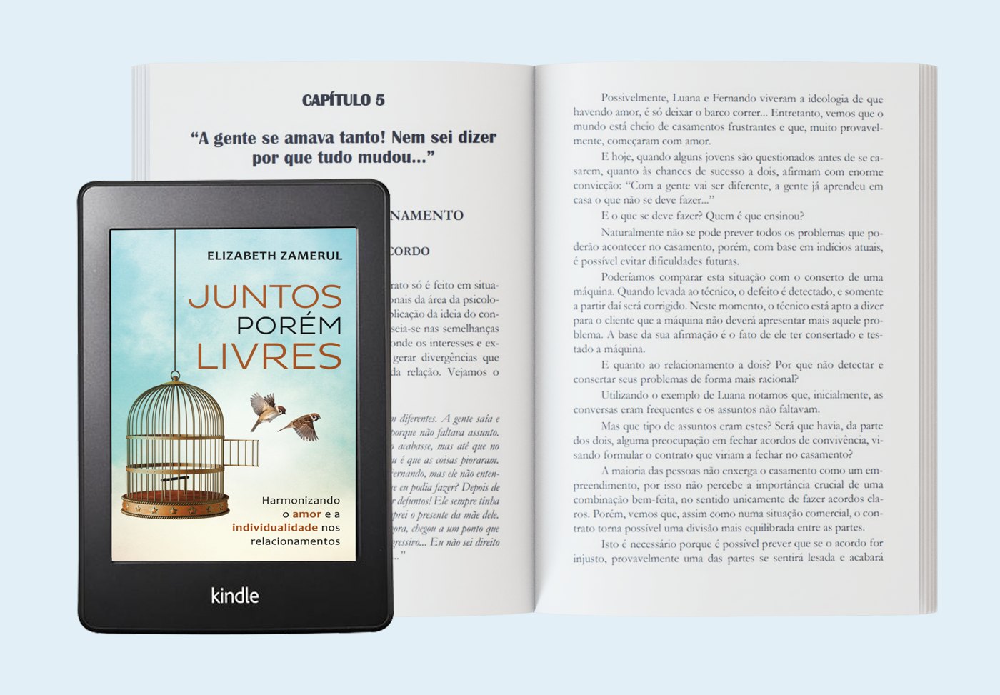Mockup do livro aberto no capítulo 5 com o Kindle