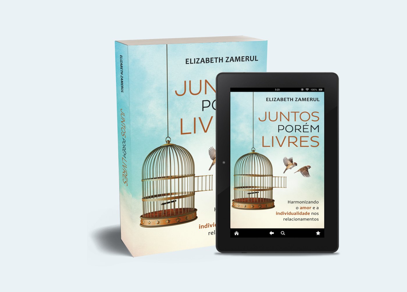 Mockup do livro impresso e do e-book Juntos Porém Livres