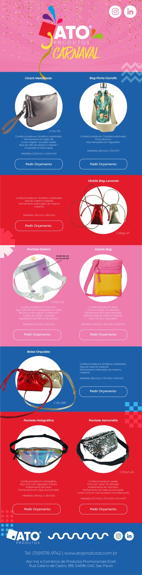 Newsletter de Carnaval da ATO Produtos com produtos e botões de pedir orçamento