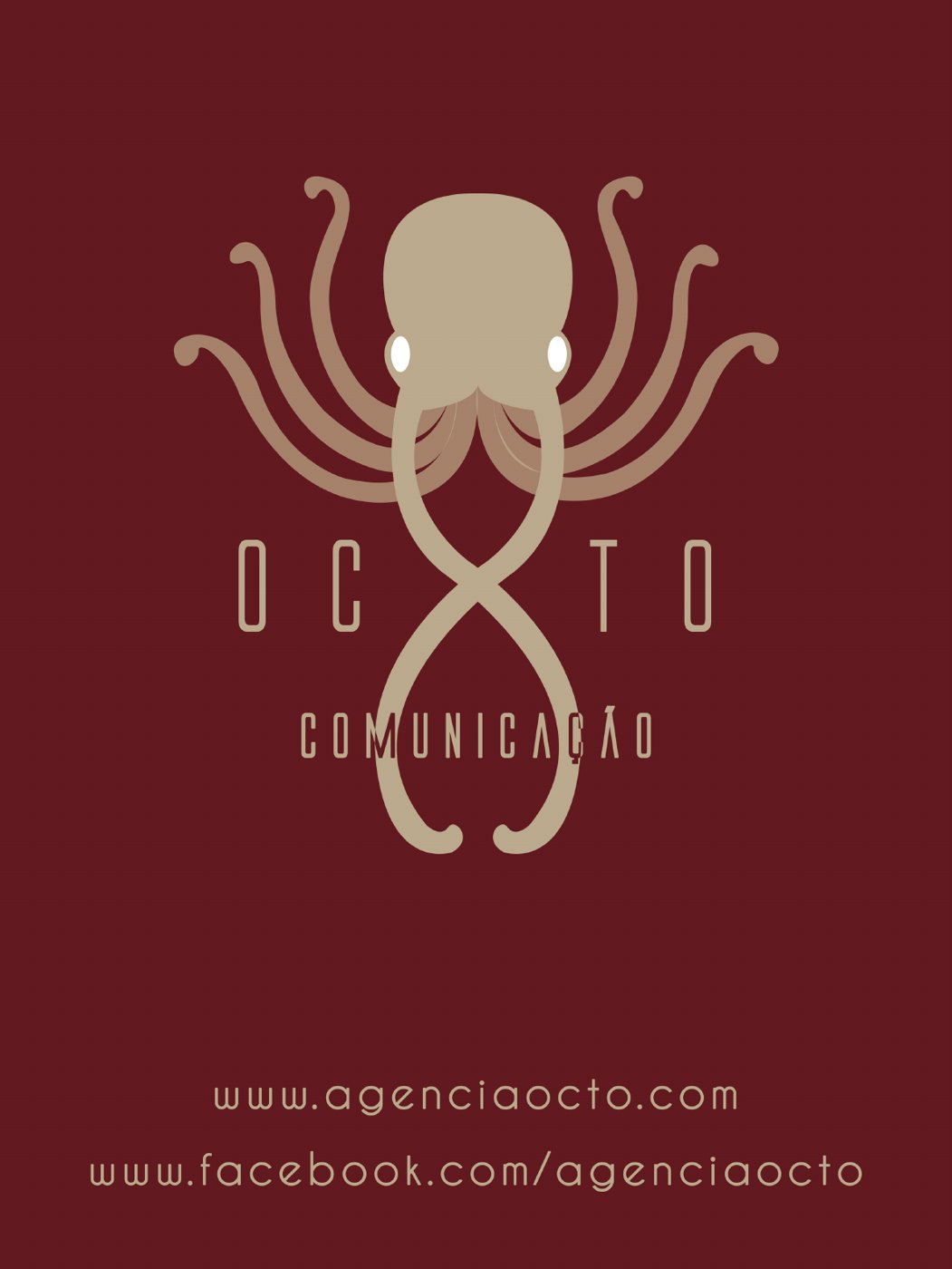 Banner vertical Octo Comunicação em vinho com o polvo dourado e os endereços do site e do Facebook
