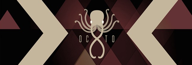 Capa de rede social Octo com o polvo entre setas e triângulos vinho