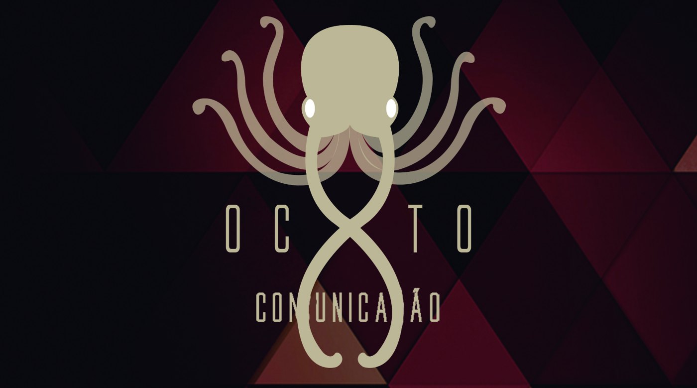 Frente do cartão de visita Octo Comunicação, polvo sobre fundo de triângulos vinho