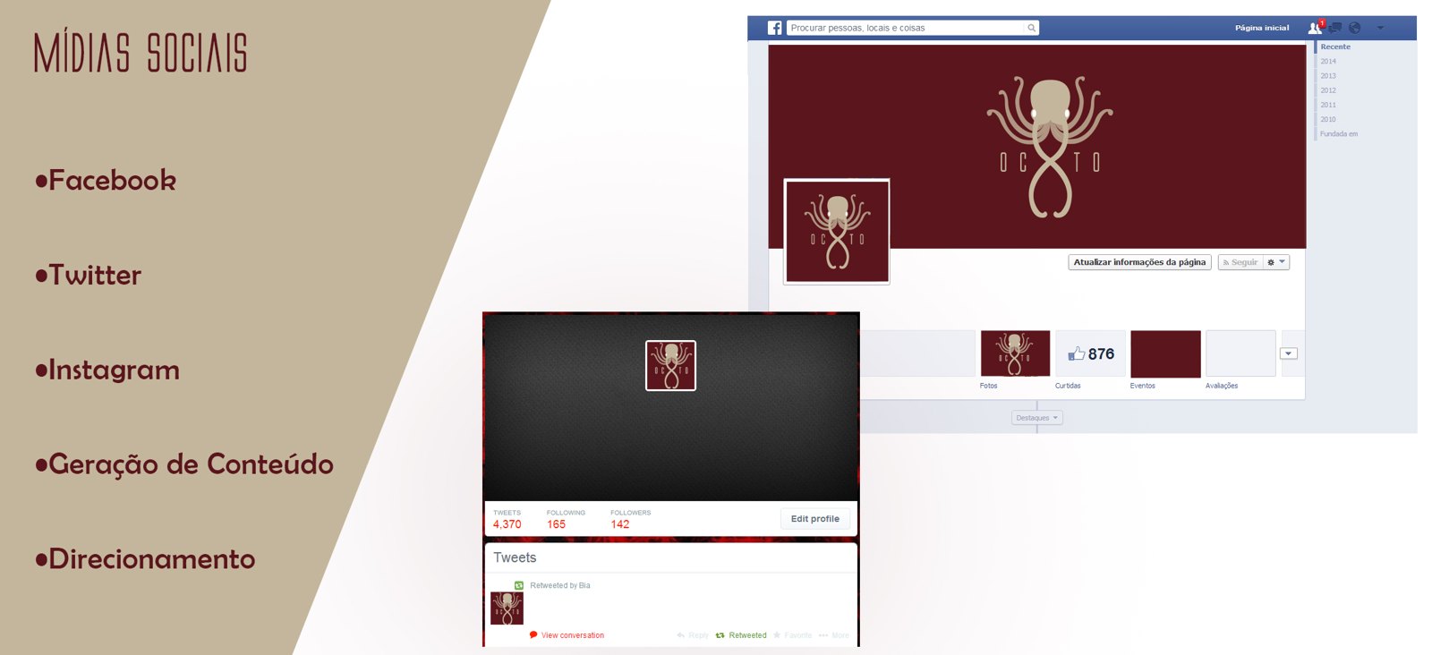 Prancha de apresentação Octo: mídias sociais com Facebook e Twitter da agência