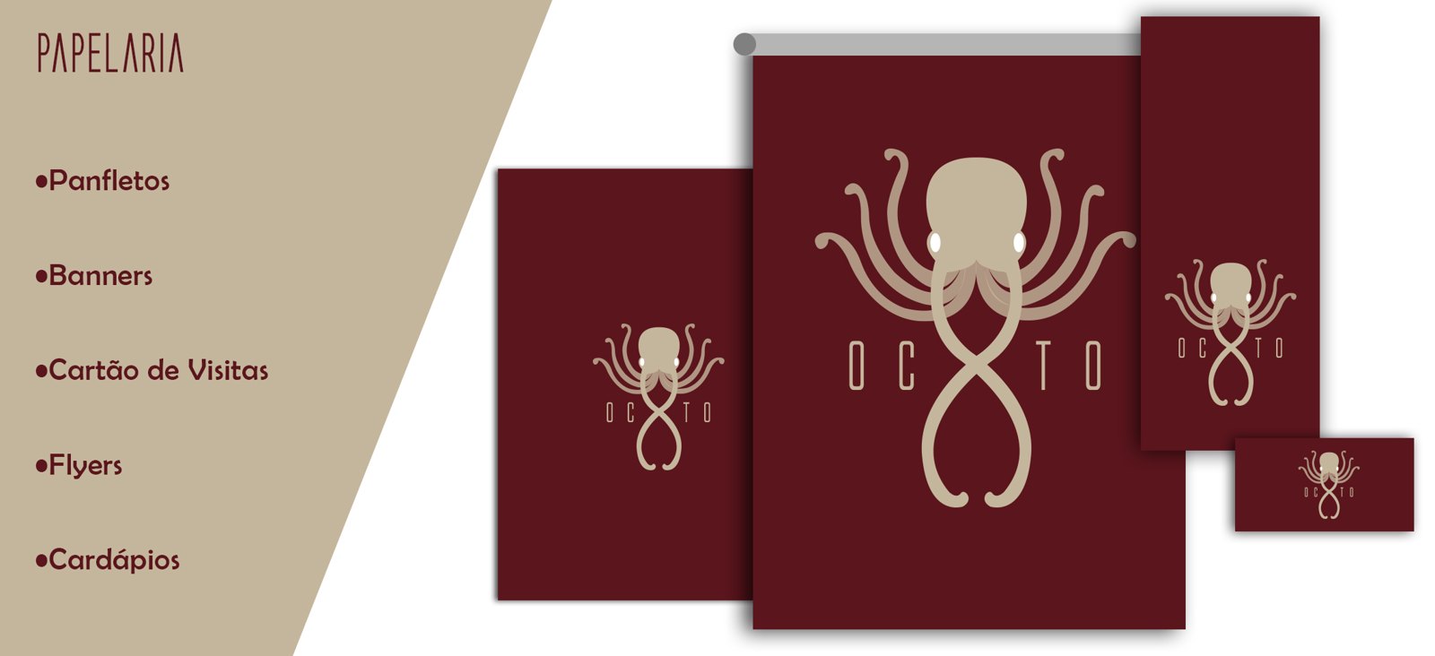 Prancha de apresentação Octo: papelaria com panfletos, banners, cartão de visitas, flyers e cardápios