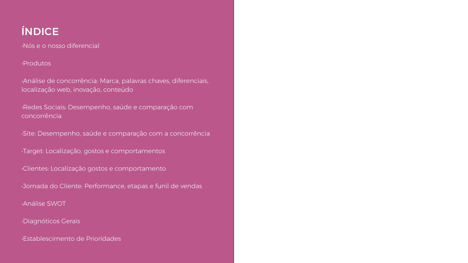 Índice da análise: diferencial, produtos, concorrência, redes, site, target, jornada, SWOT e prioridades