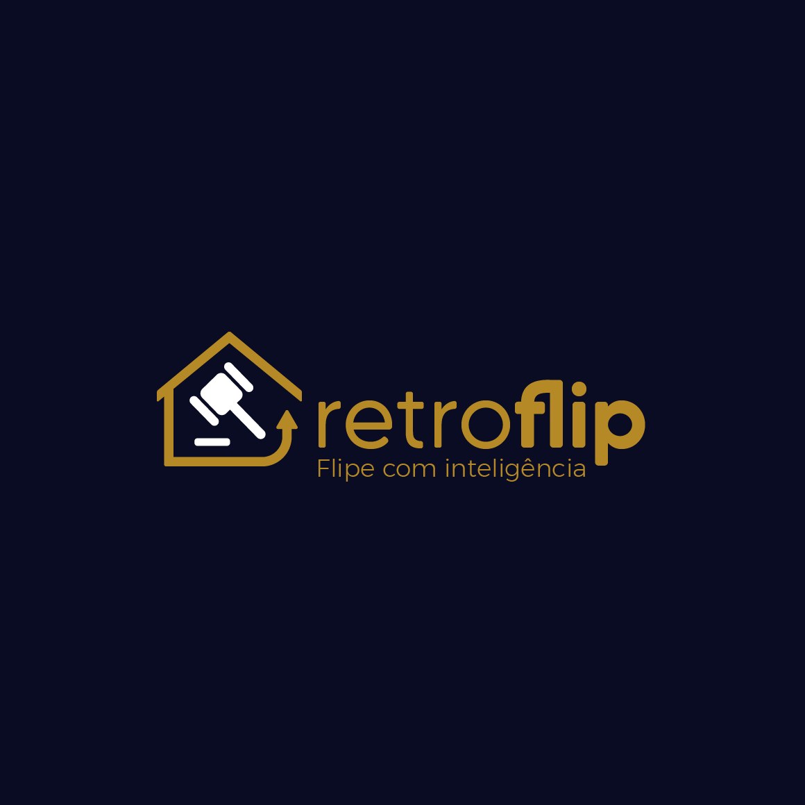 Logotipo Retroflip horizontal dourado sobre azul-marinho