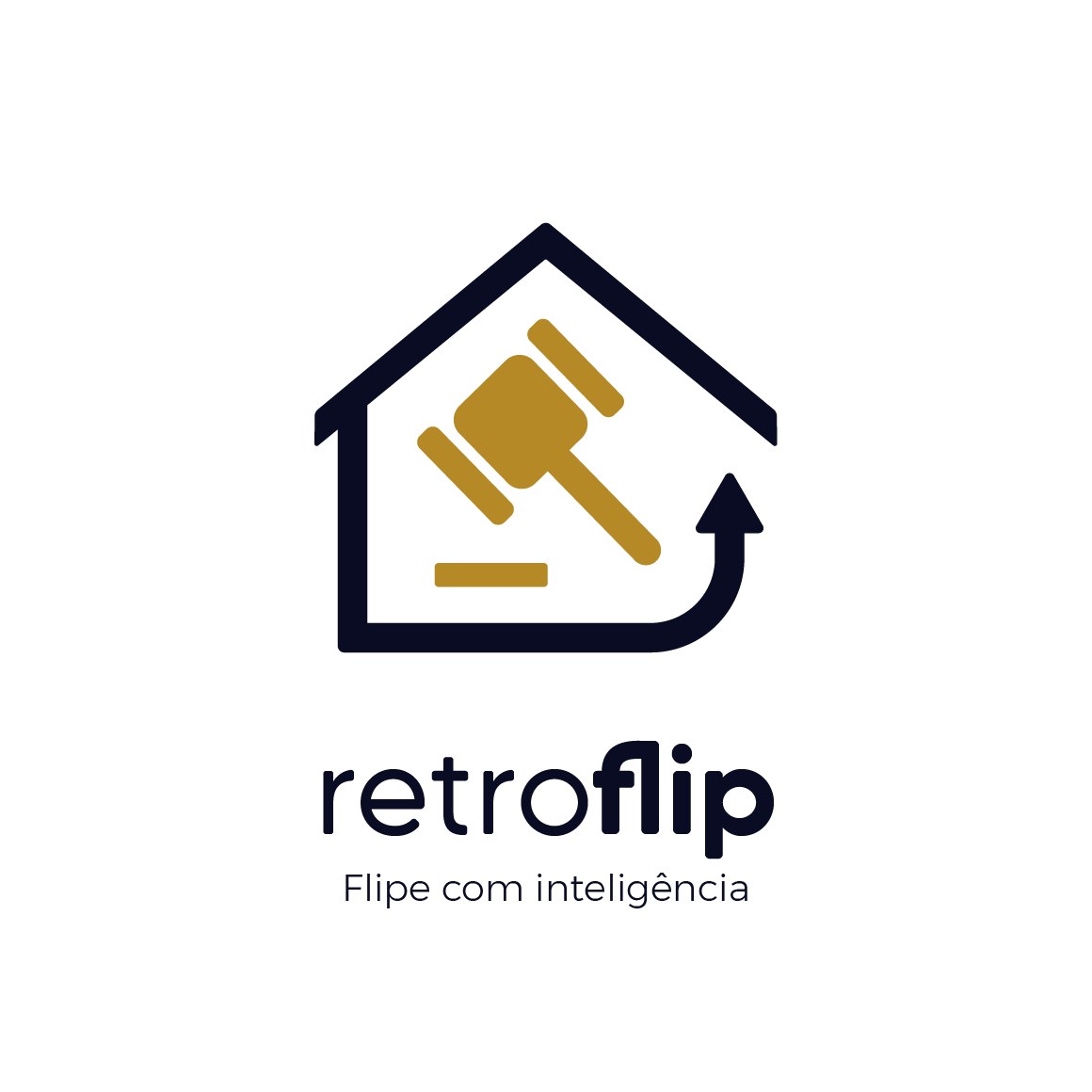Logotipo Retroflip vertical sobre branco: casa com martelo e seta