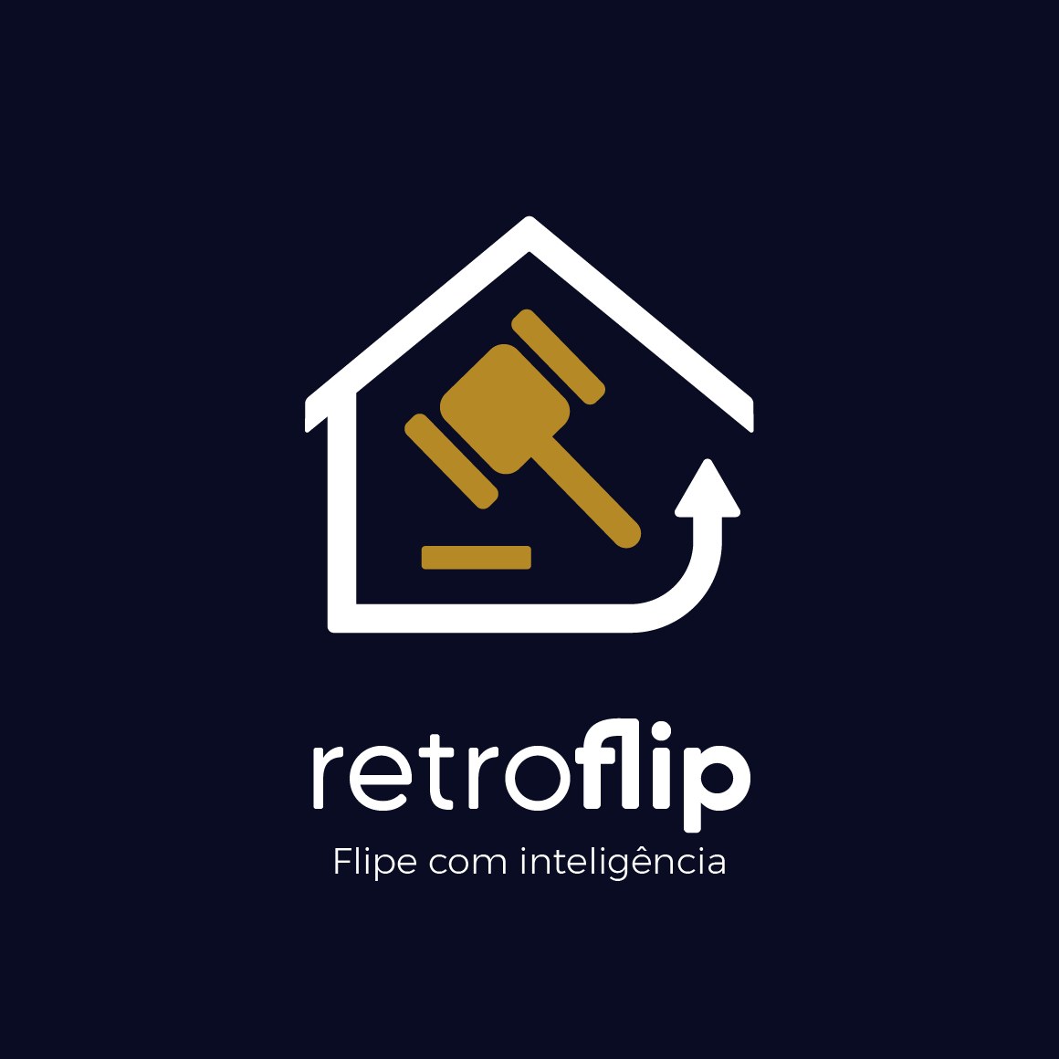 Logotipo Retroflip vertical branco sobre azul-marinho