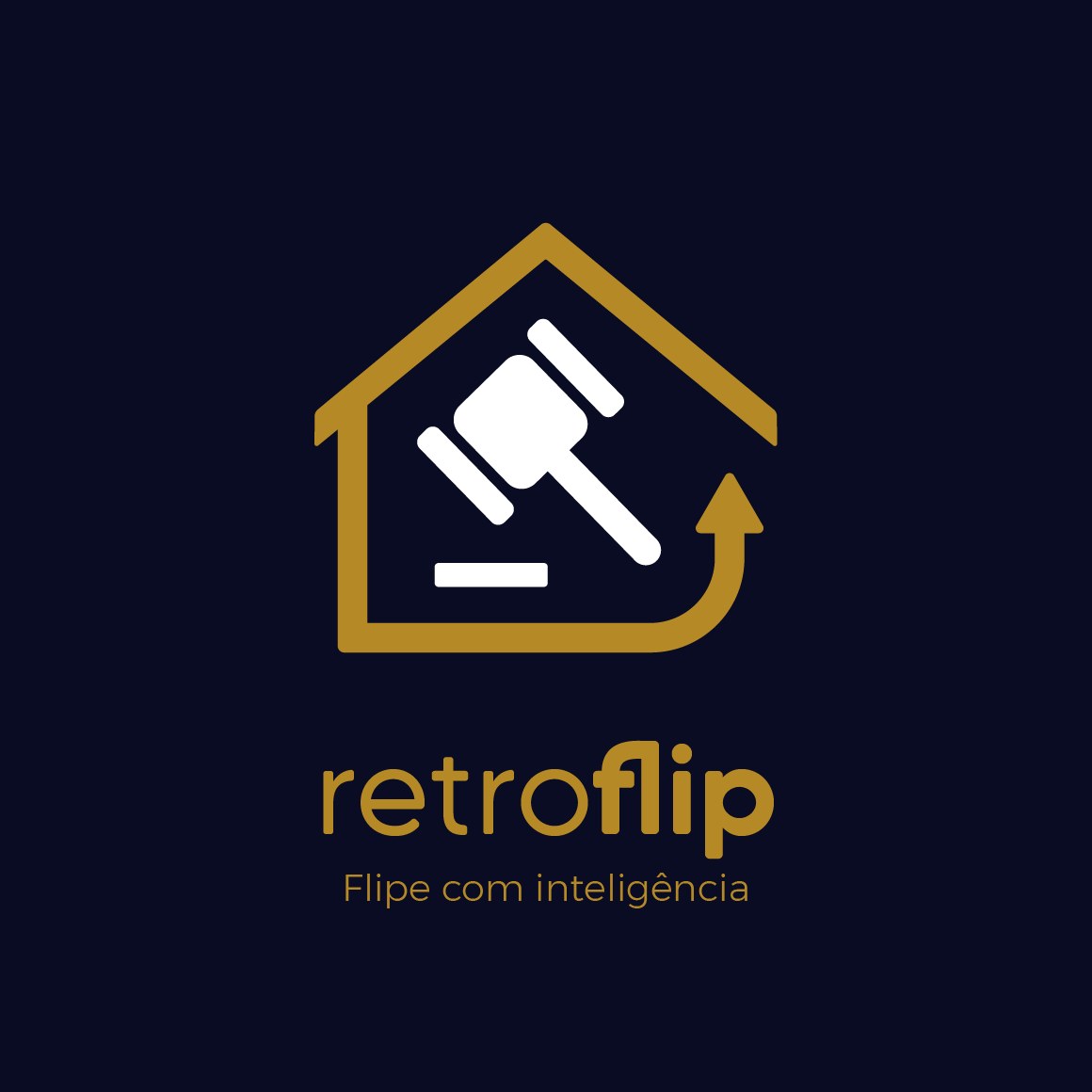 Logotipo Retroflip vertical dourado sobre azul-marinho